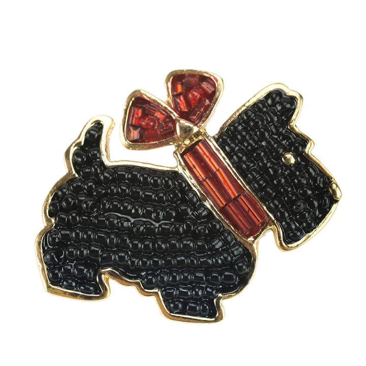 Black Beaded Scottie Dog Pin with Red Bow for wholesale by Joyful Sentiments