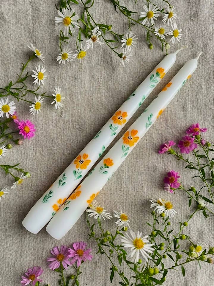 Set of 2 Hand Painted Taper Candles, Flower Candle for wholesale by May20design