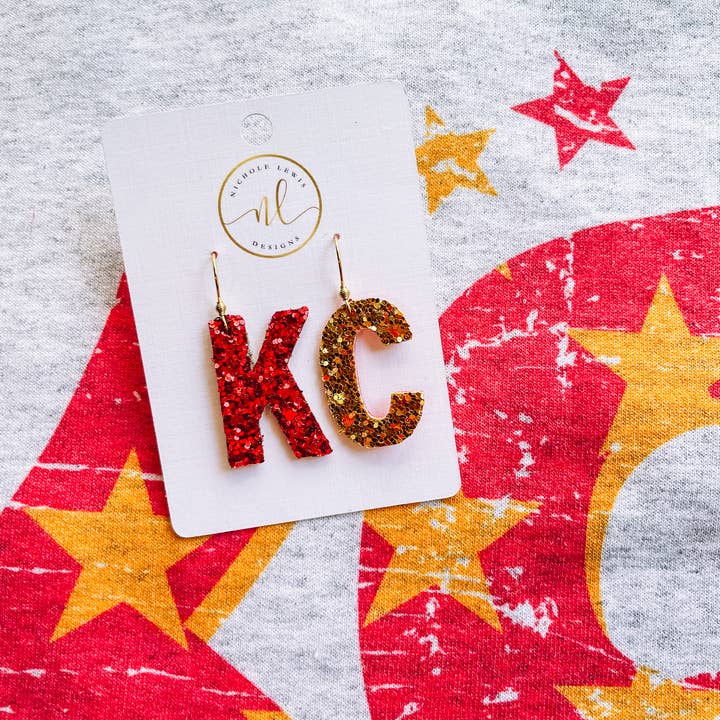 KC Chiefs Glitter Earrings for wholesale by Golden Rae Wholesale