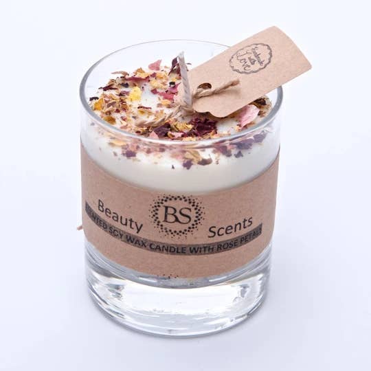 Small Scented Soy Wax With Rose Petals In Glass Container for wholesale by Beauty Scents Ltd.