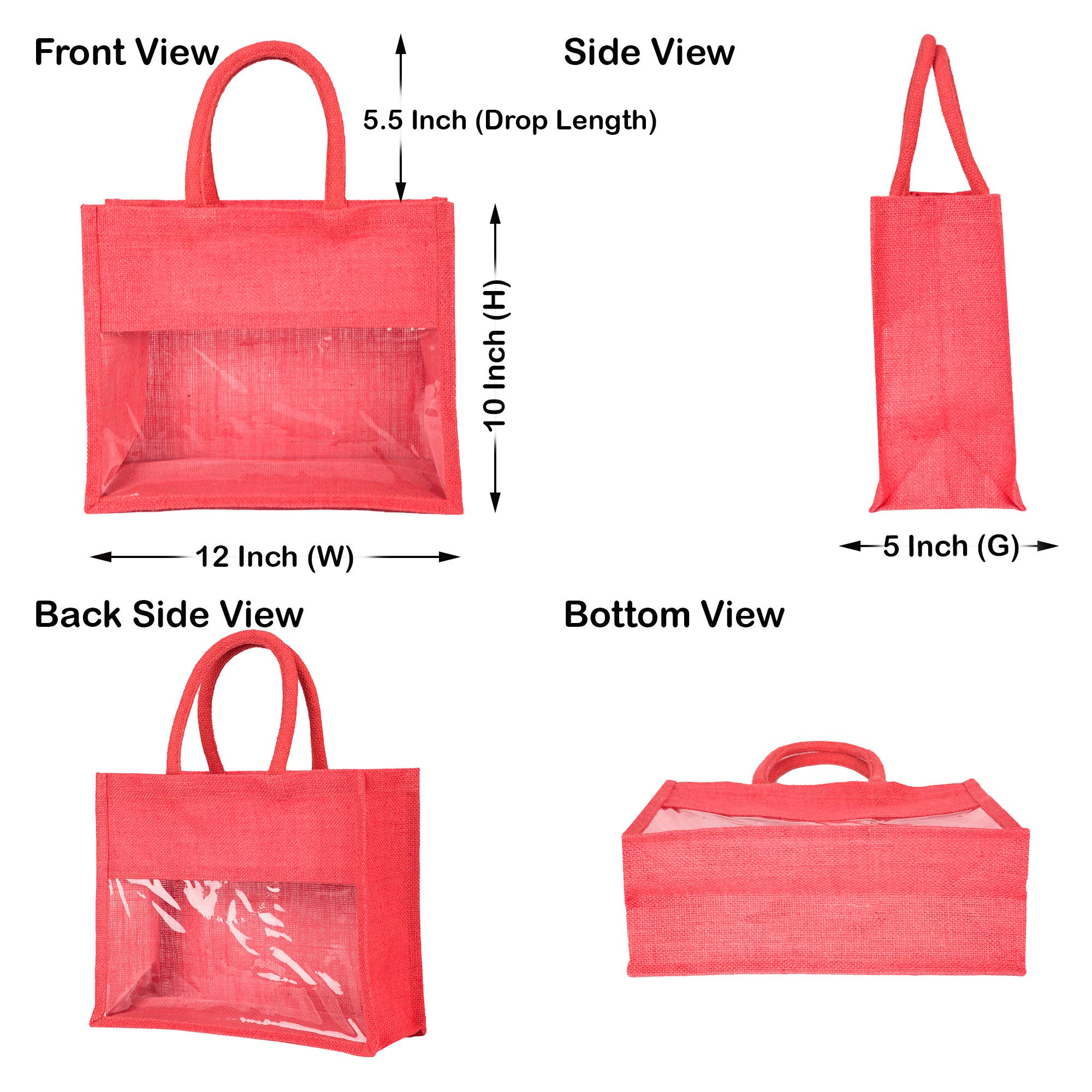 ecojutebags – wholesale Bärkasse - Unisex – Återanvändbara juteväskor – Set om 4 med PVC-fönsterpanel1