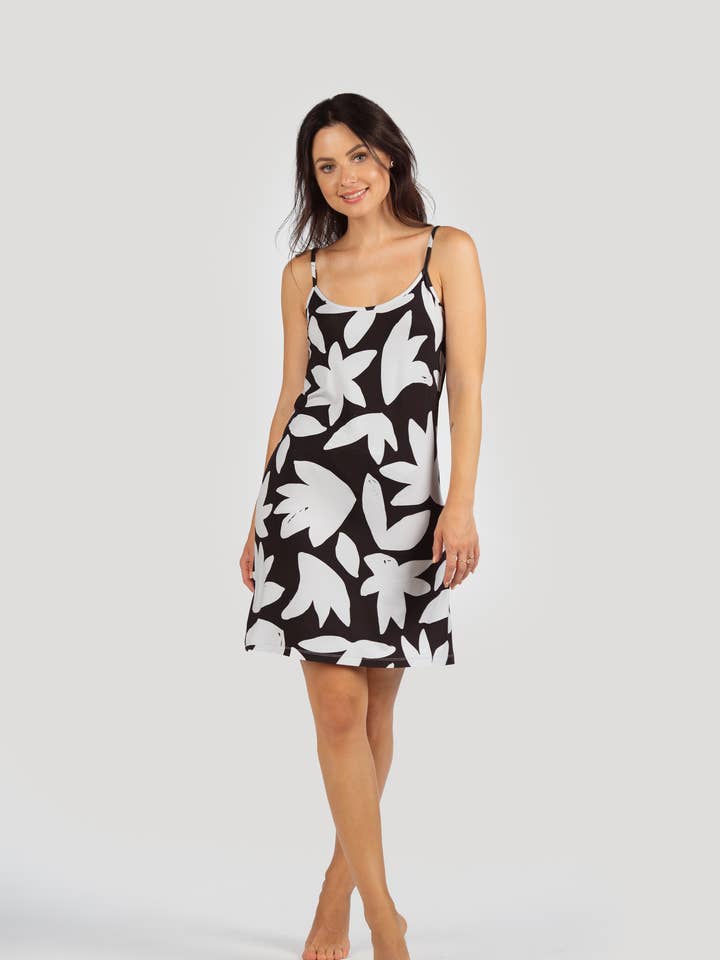 Women's Black & White Floral Mini NightDress for wholesale by linenease