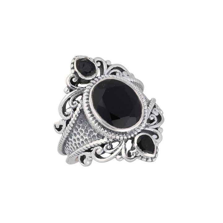 Tiramisu - Wholesale Cocktail/Statement Ring - 925 Silver Midnight Sovereign Ornate Black Onyx Ring2