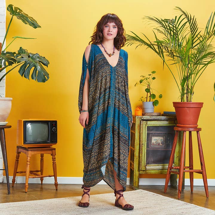 Patch Print Hanky Hem Loose Bohemia lång sommarklänning för wholesale av Los Banditos