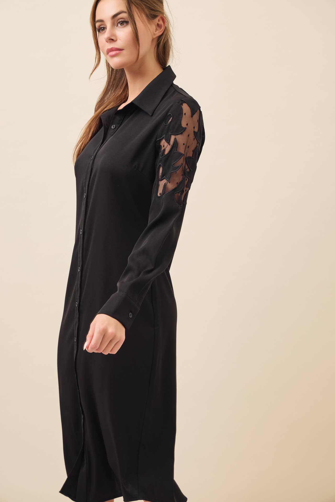 BLACK Possibilities Woven Shirt Dress With Mesh Cutout for wholesale on Faire6