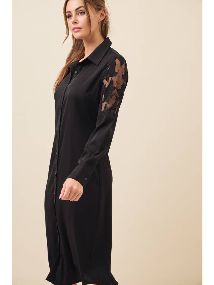 BLACK Possibilities Woven Shirt Dress With Mesh Cutout for wholesale on Faire6