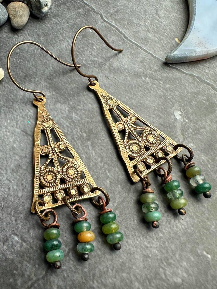 Rustic Relic Filigree Triangle Earrings: Beaten Brass for wholesale by The Sunstone on Main