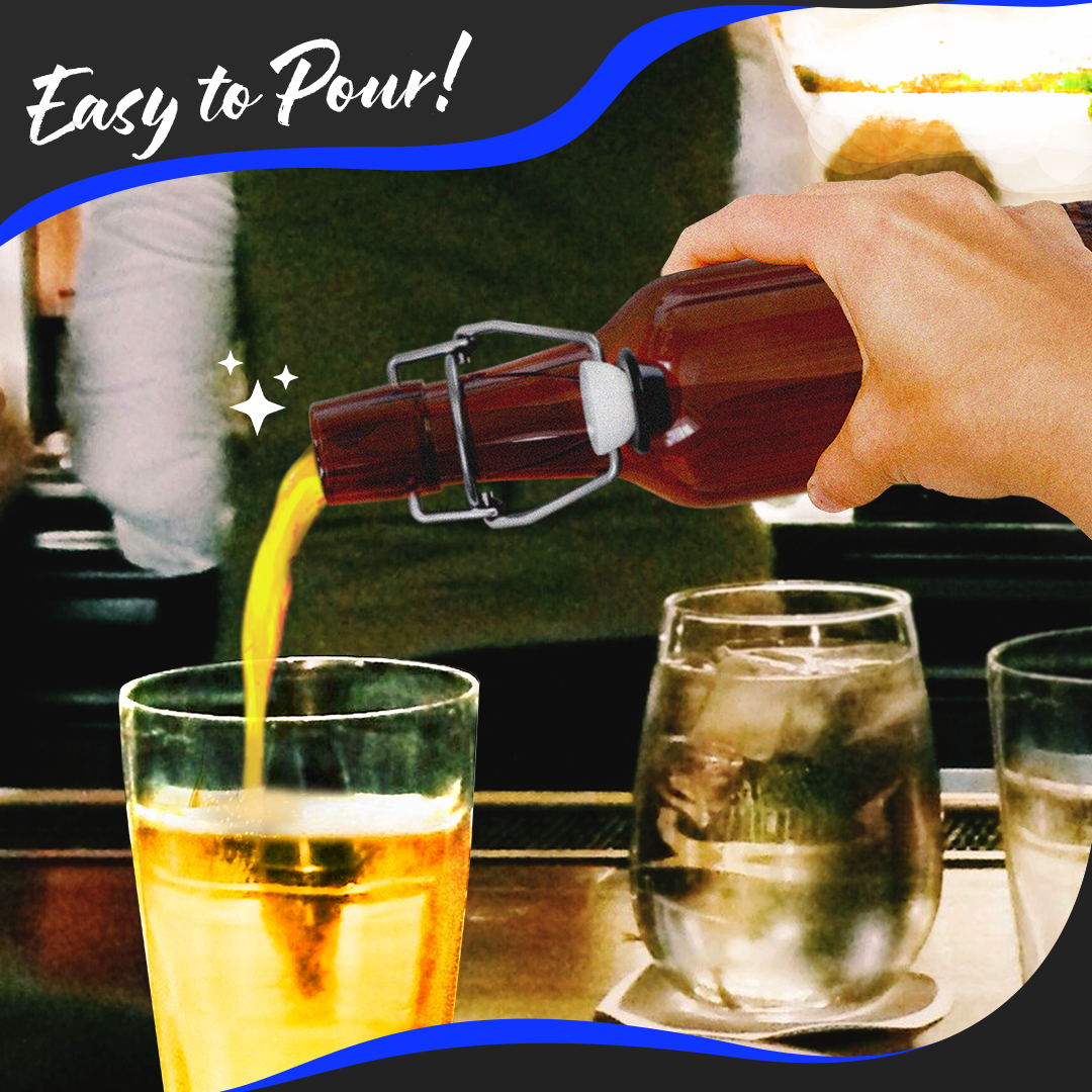 Nevlers – wholesale Mjölk- och juiceflaska – Nevlers 8,5 oz bärnstensfärgade glasölflaskor med svängkork (förpackning med 18) | Inkluderar tratt, borste och markör3