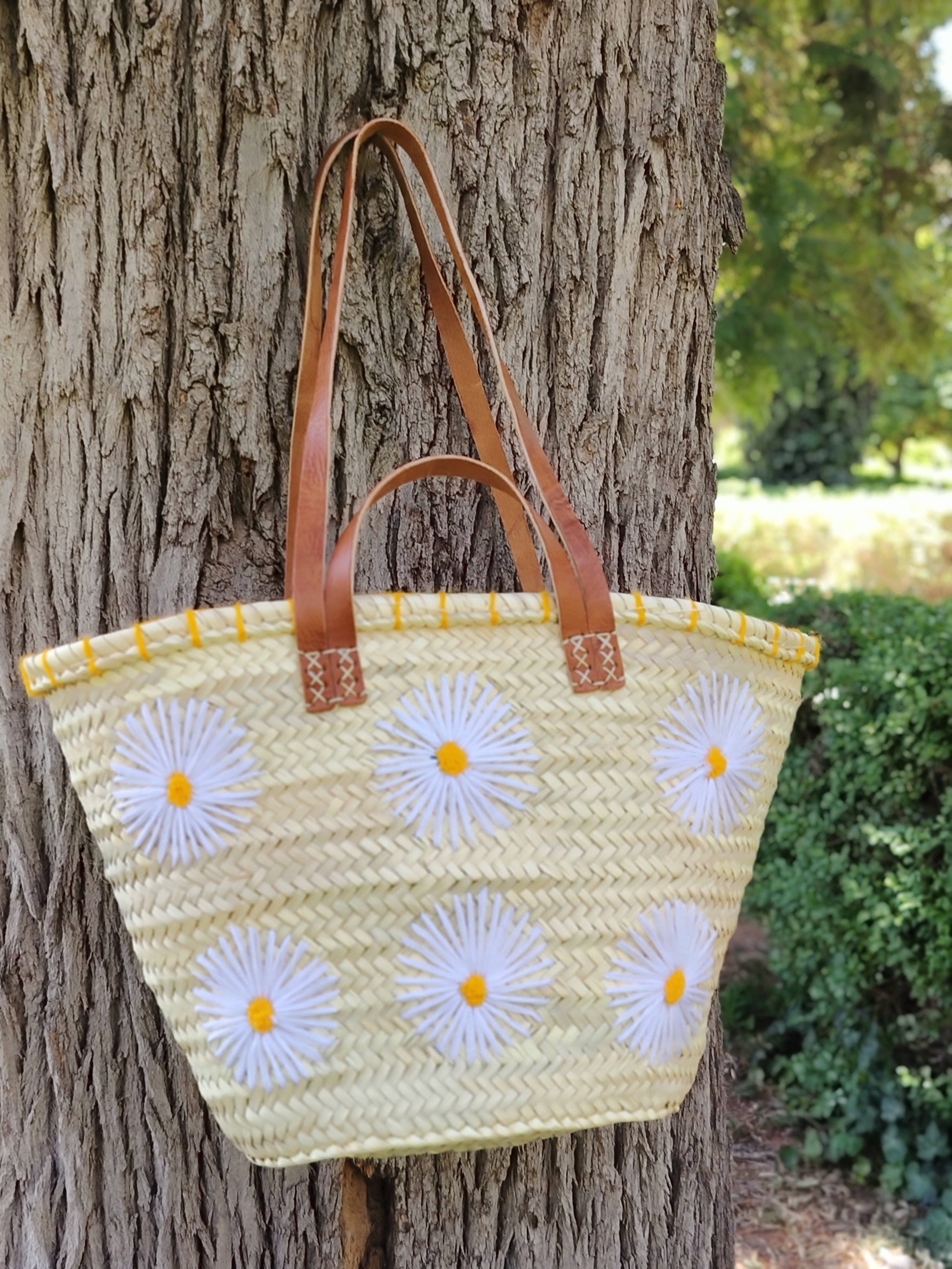 Twins Basket - Vente Sac de plage - Panier de marché en paille tressée à la main avec marguerites brodées3