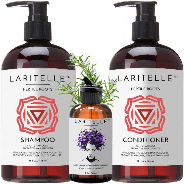 Laritelle Organische Haarverzorgingsset Vruchtbare Wortels: Shampoo 17,5 oz + Conditioner 16 oz + Bonus Na-Shampoo Haarversterkende Behandeling voor wholesale door LARITELLE