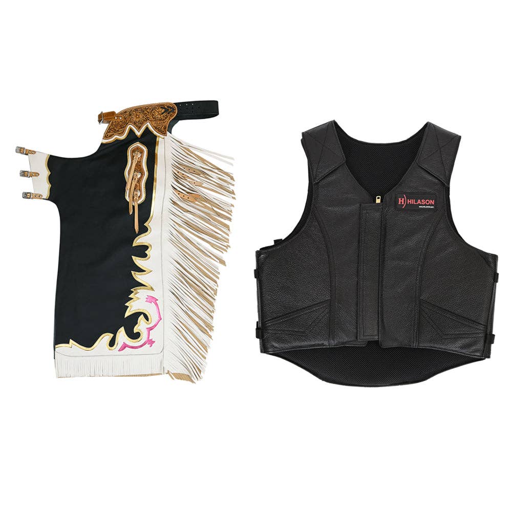 HILASON - Wholesale Horseback Riding Gear - HILASON Western Horse Bull Riding Safety Leather Protective Vest & Rodeo Chaps Combo0