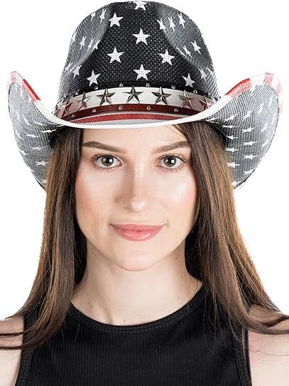 Sombrero de vaquero con bandera estadounidense y tachuelas en forma de estrella para venta al por mayor de Funky Junque