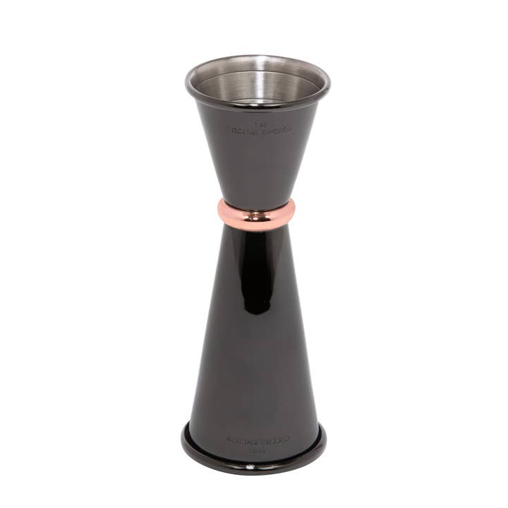 Japanese Style Jigger 1oz/1.5oz- Gunmetal Black/Copper Ring for wholesale by Cocktail Kingdom