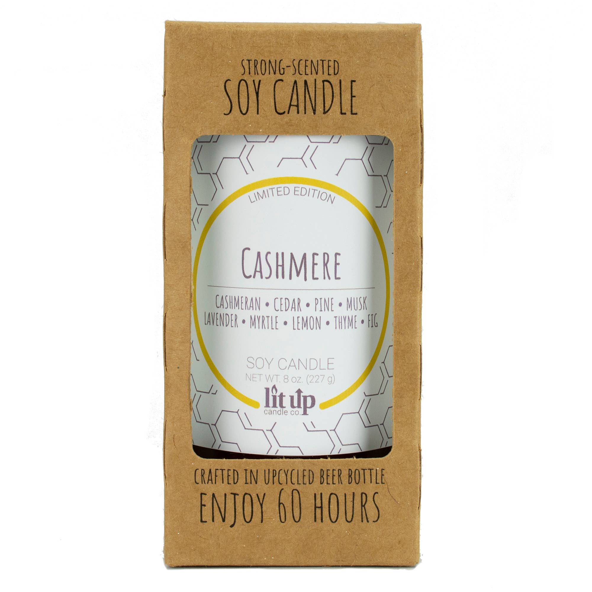 Lit Up Candle Co. – wholesale Burkljus – Cashmere doftande 8 oz. sojaljus i ölflaskor2