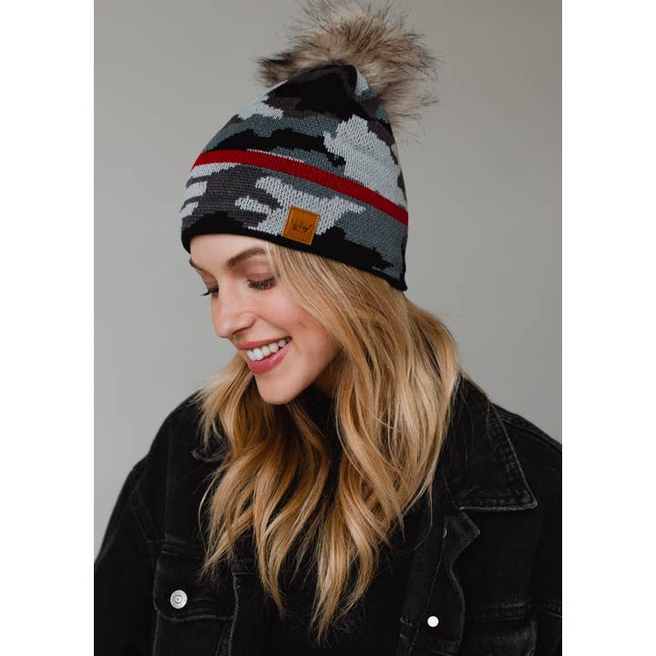 Panache Apparel Co. - Wholesale Beanie - Women's - Grey Camo w Red Stripe Hat