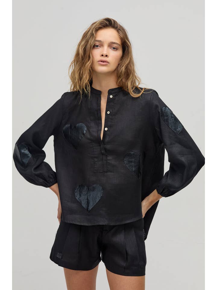 Cupid Linen Shirt - Black with Metallic Black Hearts for wholesale on Faire15