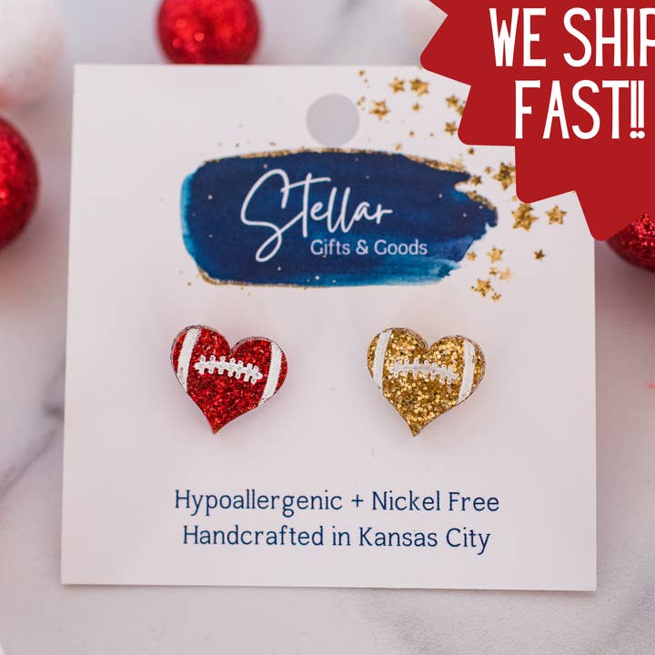 KC Football - Glitter Football Heart Studs Red & Gold for wholesale by Stellar Gifts & Goods Wholesale