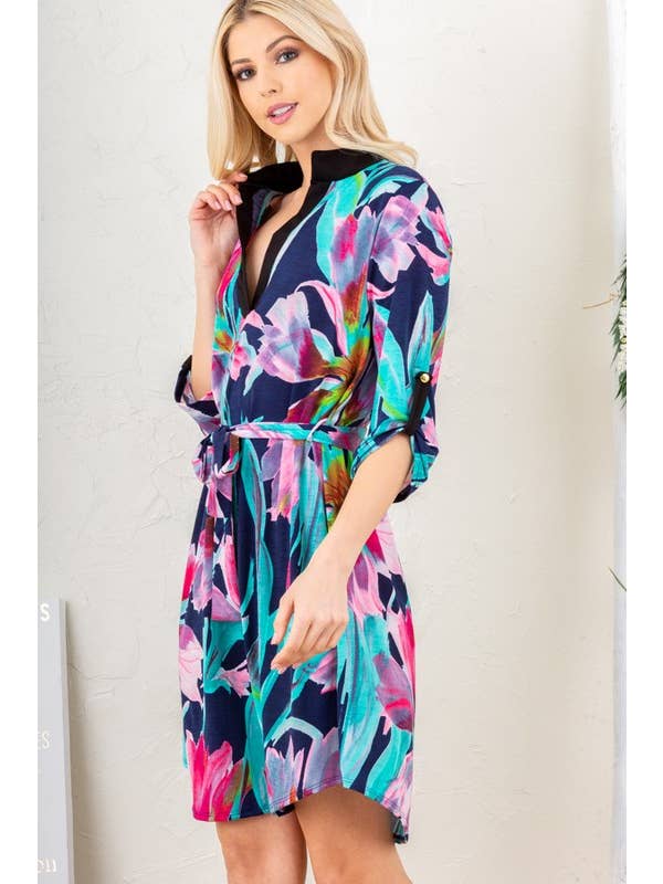 NAVY ED6111-11 MANDARIN COLLAR MULTI COLOR FLORAL DRESS for wholesale on Faire