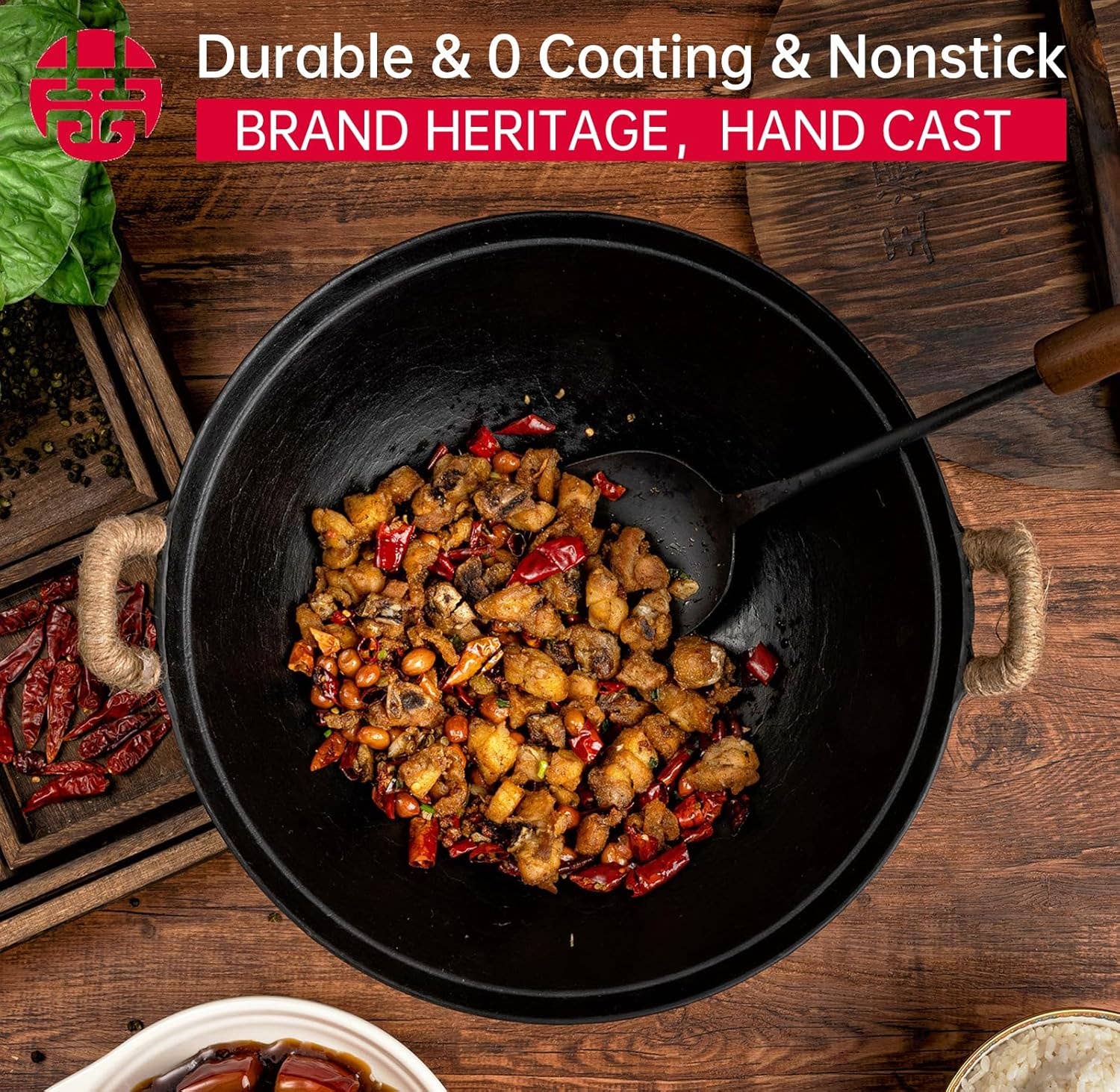 WYJ - Venta al por mayor Ollas - Wok de Hierro Fundido Artesanal WANGYUANJI con Doble Asa8