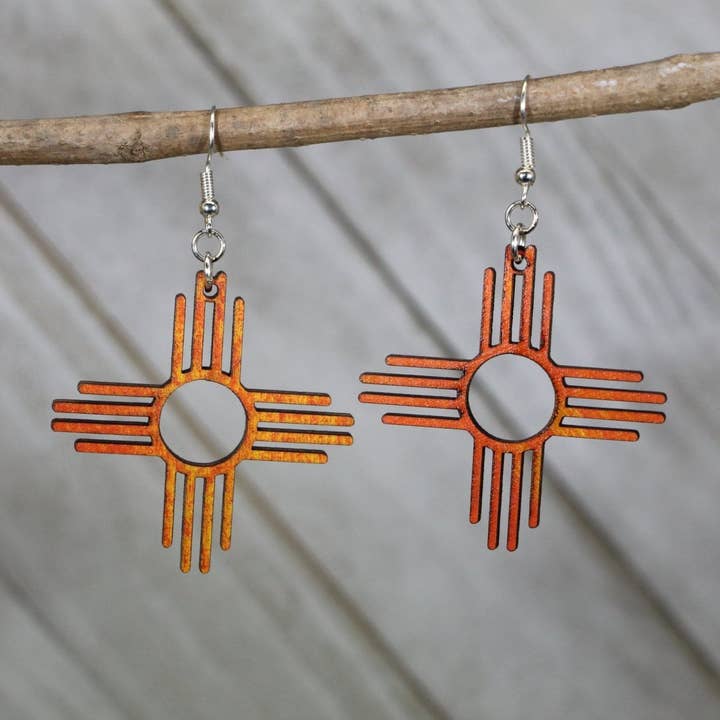 Sunburst Zia New Mexico Wooden Dangle Earrings for wholesale by Cates Concepts