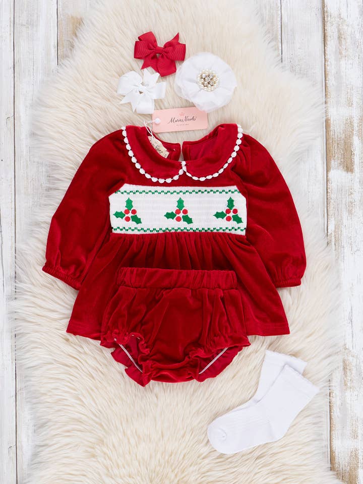 Marie Nicole Clothing - Wholesale Clothing Set - Baby - Red Smocked Holly Velvet Bloomers Outfit