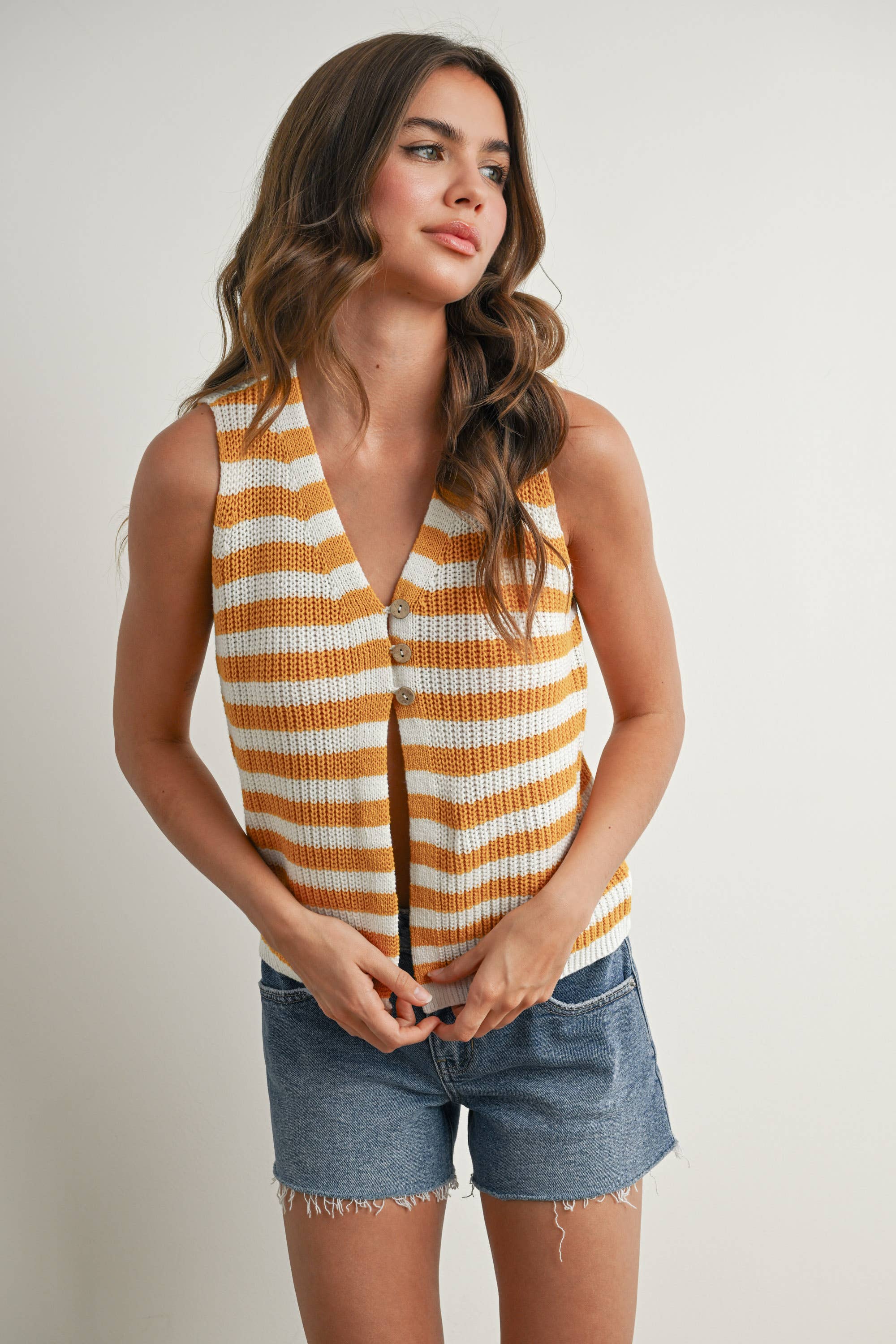 BUTTERMELON - Wholesale Sweater Vest - Women's - Striped Button-Front Sweater Vest - BMW773313