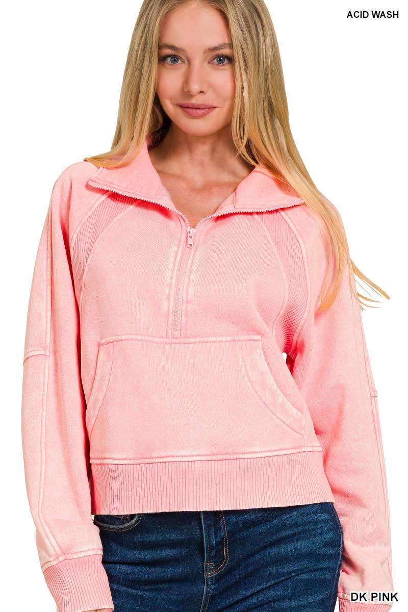 Vanilla Monkey – wholesale Sweatshirt - Dam – Acid Washed halvdragkedja fleece-tröja med känguruficka6