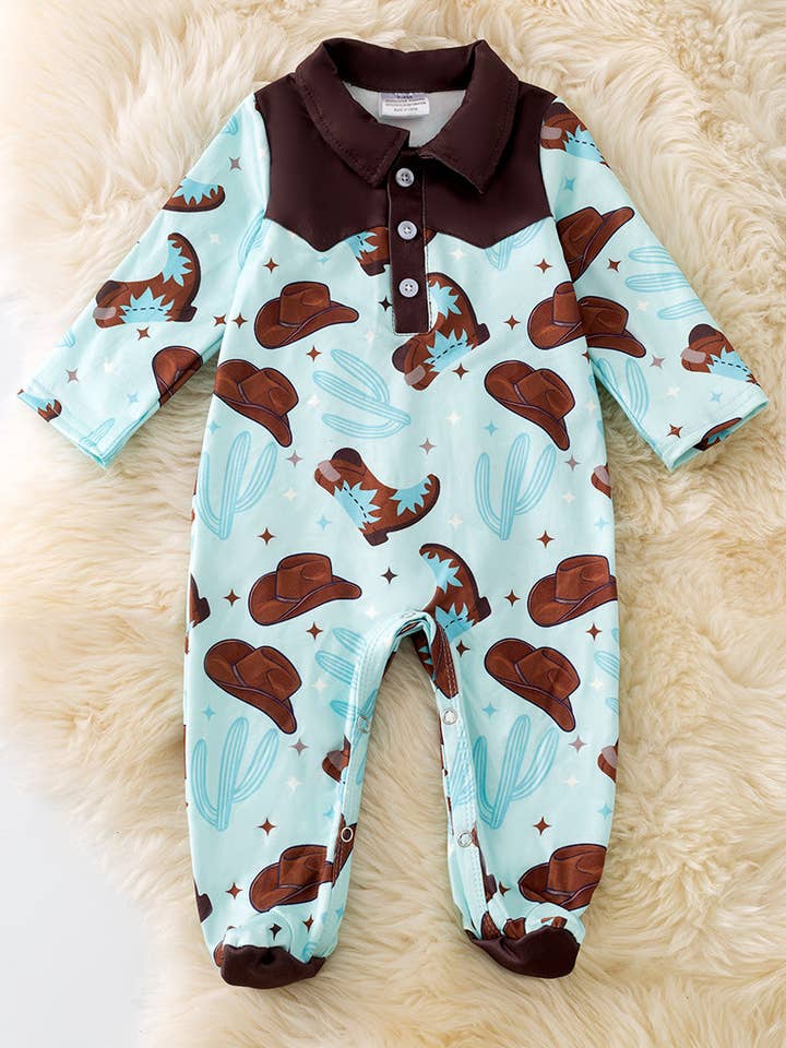 Bottine de cowboy imprimée sur un body bleu pour bébé. RPB50468 AMY pour la vente par Kids Charm Online