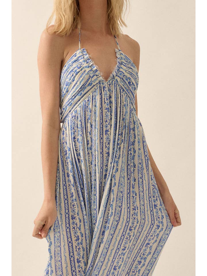 Promesa USA – Engroshandel Kjole - Dame – Blomsterstribet maxi halterkjole med bindebånd7