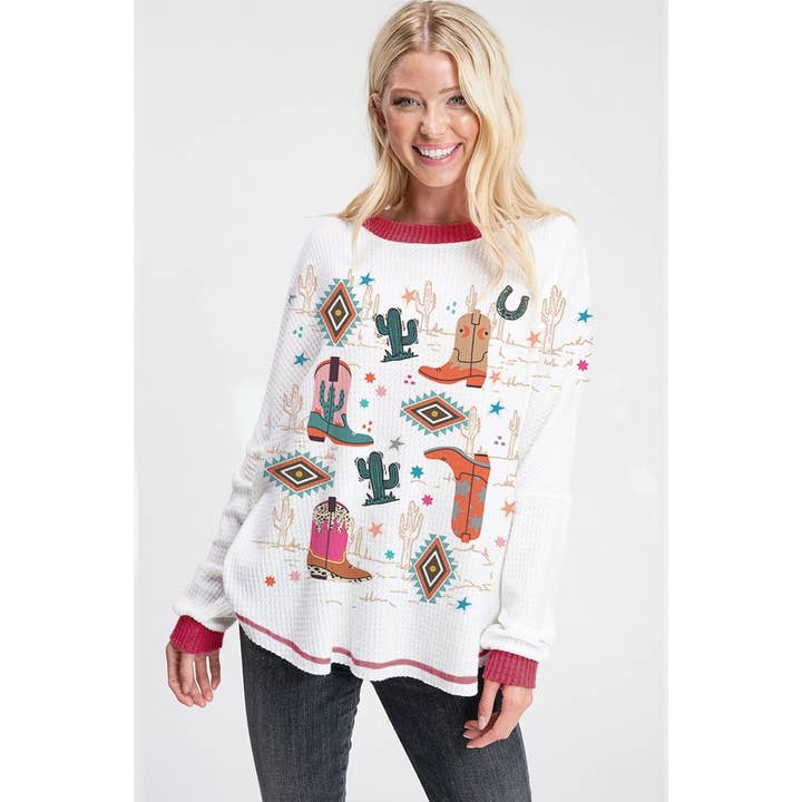 Western boots waffle knit neck band contrast top for wholesale by Phil Love