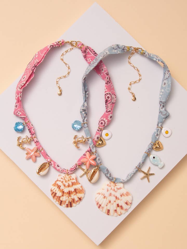Seashell Charm Scarf Necklace with Coastal Trinkets for wholesale by SP Sophia Collection