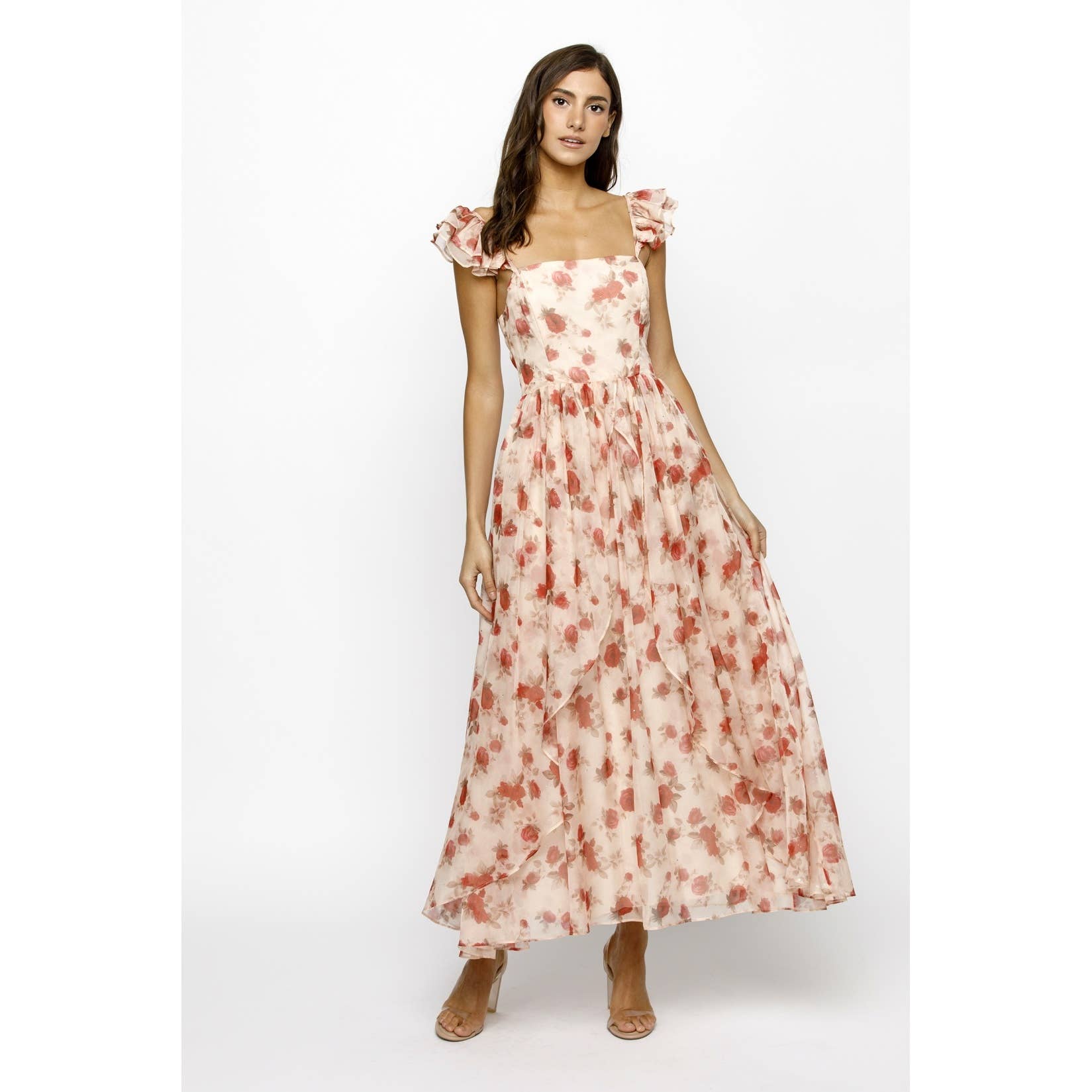 BLUSH RED FL JD6357-1- PINK FLORAL ASSYMETRIC MAXI DRESS  for wholesale on Faire7