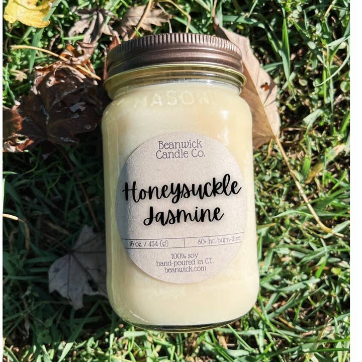 Vela de soja HONEYSUCKLE JASMINE en tarro de cristal, regalo único para venta al por mayor de Beanwick Candle Co.