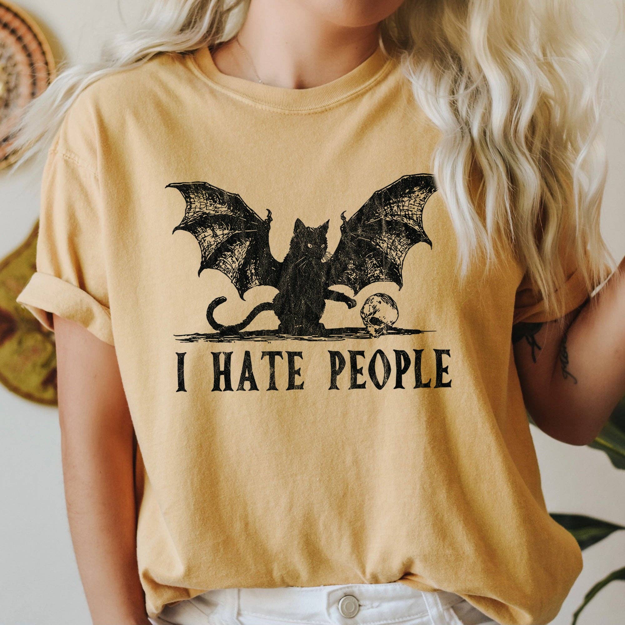Refinery Number One LLC - Wholesale T-Shirt (Graphic) - Women's - I Hate People Cat Bat Retro Halloween T-shirt Black Print2