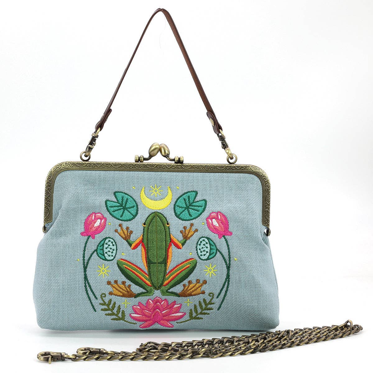 COMECO INC - Wholesale Crossbody Bag - Women's - Frog in the Lily Pond Kiss Lock Bag in Linen Cotton Blend Material0