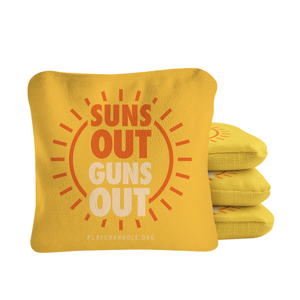 Yellow Suns Out Guns Out Synergy Pro Cornhole Bags for wholesale on Faire0