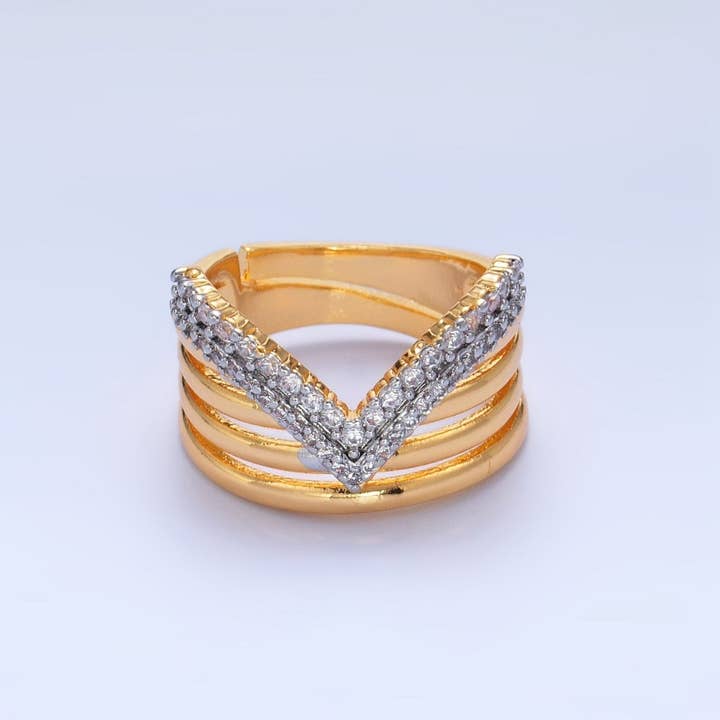Aim Eternal - Wholesale Multi-Stone Ring - SJ | 24K Gold Filled Mixed Metal Micro Paved CZ Chevron Multiple Band Ring | U388