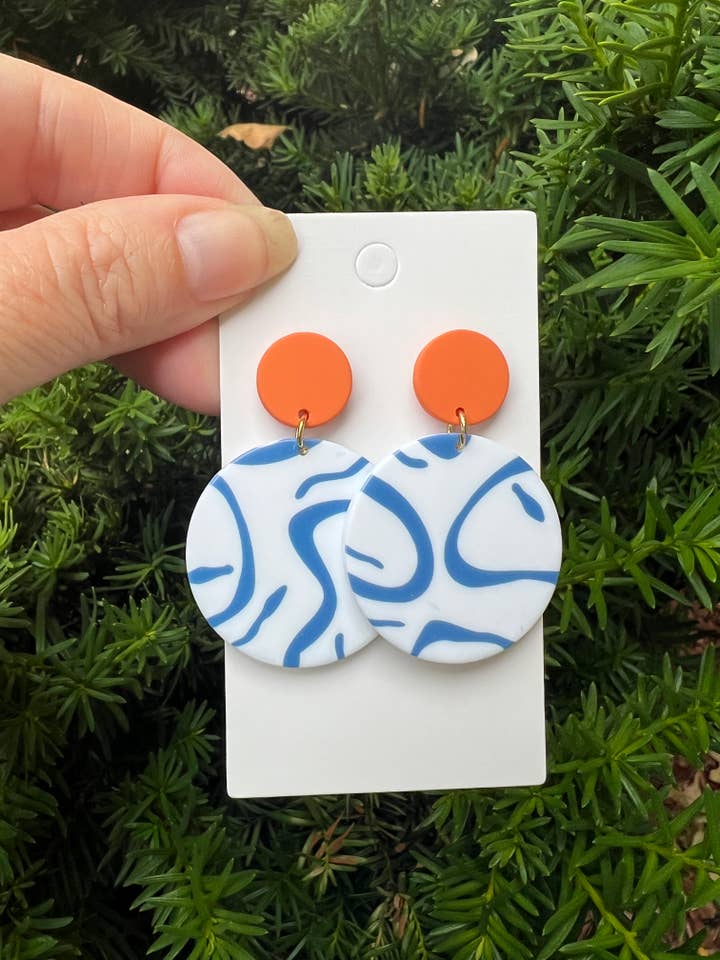 Blue Orange Swirl Acrylic Statement Earrings for wholesale by Baubles by B