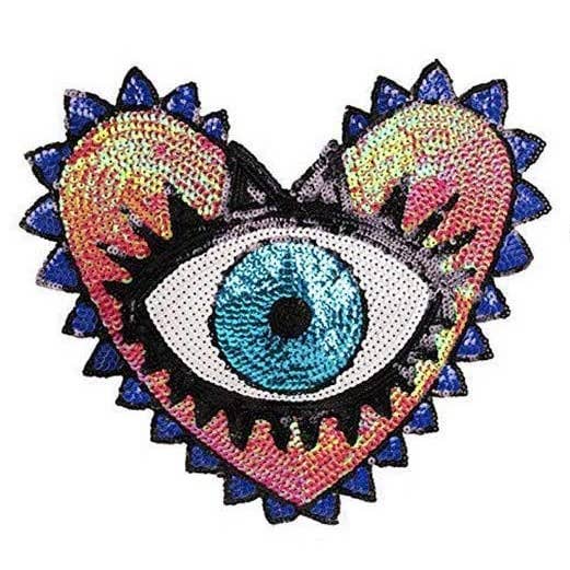 Pink/Blue Sequin Heart/Evil Eye Patch, 12.9"x11.8", Sew On for wholesale by Rock Paper Scissors Wall Art