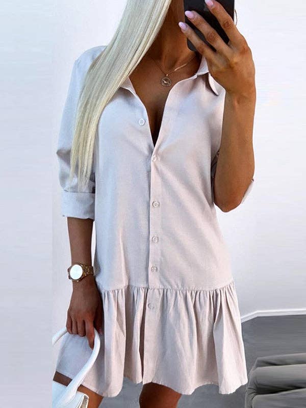 UZ Wholesale Store - Wholesale Dress - Women's - Long Sleeves Loose Buttoned Pleated Solid Color Split-Joint Lapel Mini Dresses Shirt Dress