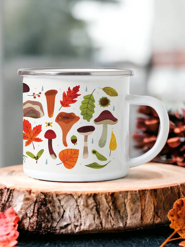 Mushrooms & Autumn Leaves - Autumn Camping Mug for wholesale by Sovende Bjorn