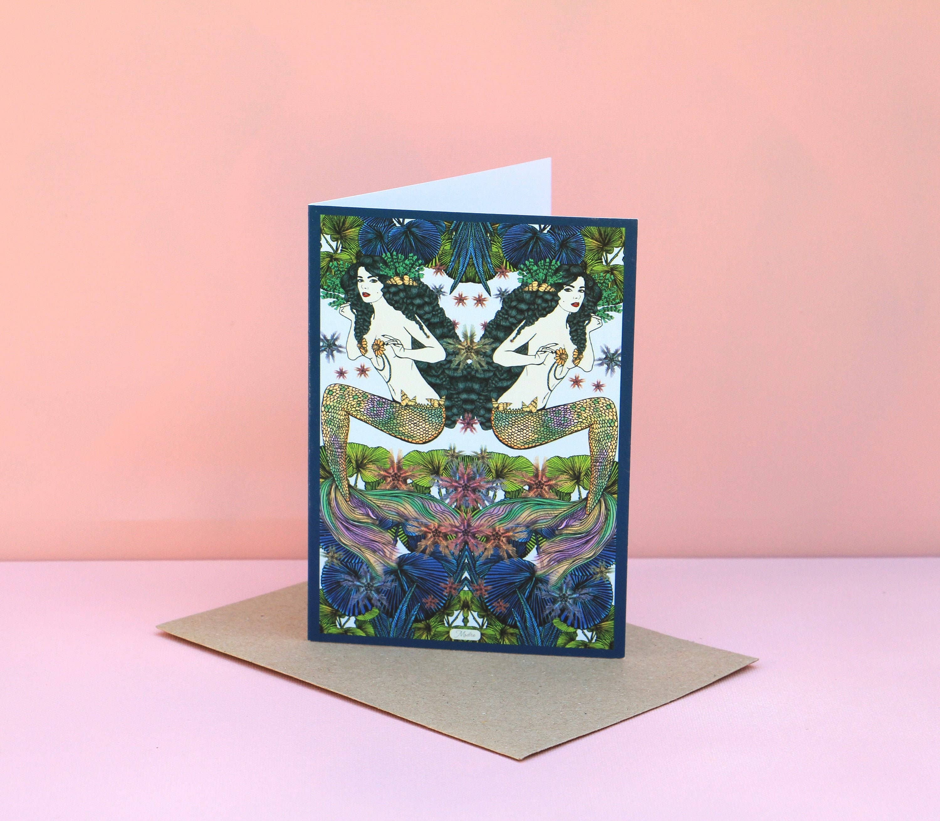 Msdre – Großhandel Grußkarten für den Alltag – Meerjungfrau-Glückwunschkarte mit zwei Sirenen, Göttin Madre1