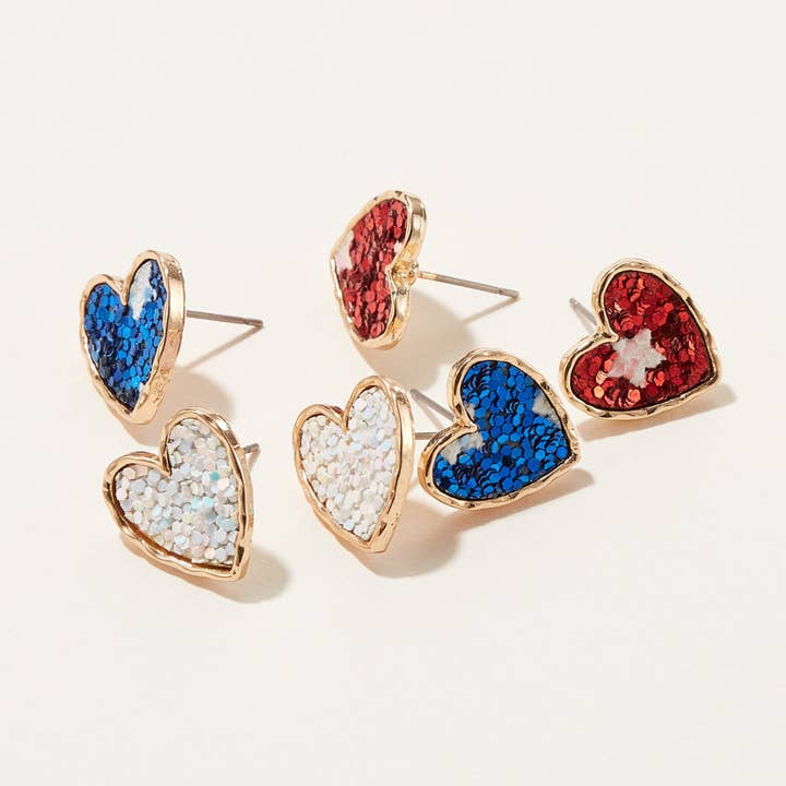Multi America Glitter Heart Stud Earring 6 pcs Set for wholesale on Faire