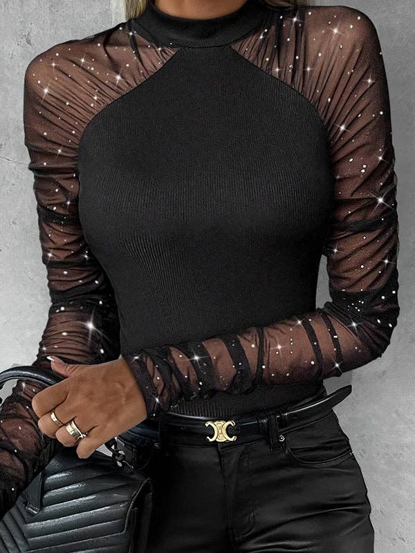 BLACK Long Sleeves Skinny Chains V-Neck T-Shirts Tops for wholesale on Faire5