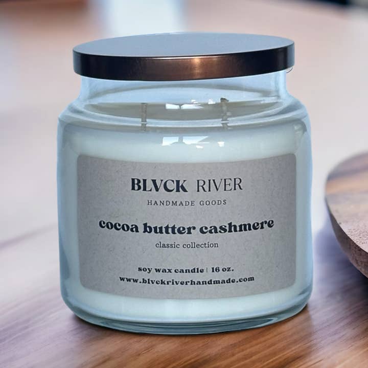 Vela de soja transparente con manteca de cacao y cachemir, 16 onzas, tarro de boticario para venta al por mayor de Black River Handmade Goods