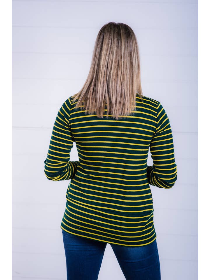Vivette Apparel - Wholesale Cardigan - Dames - Snap Cardigan - Groen/gouden Gameday Stripe2