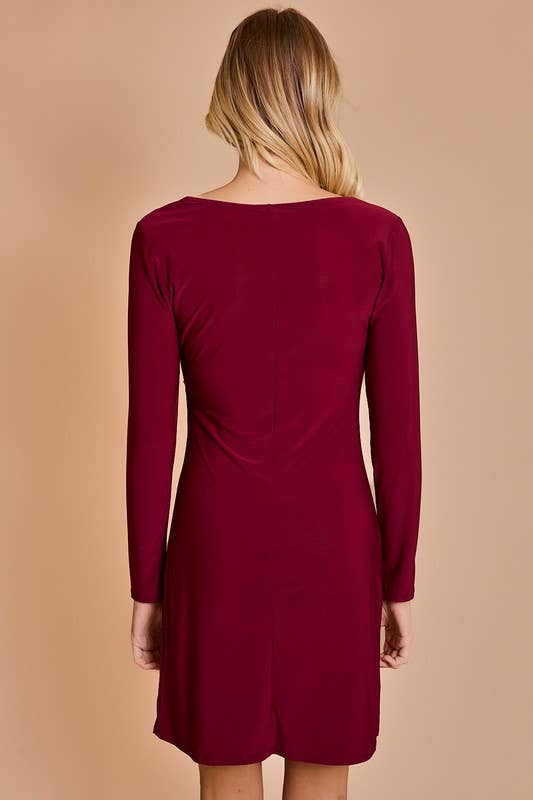 Burgundy UNBALANCED NECKLINE ONE SIDE WAIST SHIRRING DRESS for wholesale on Faire4