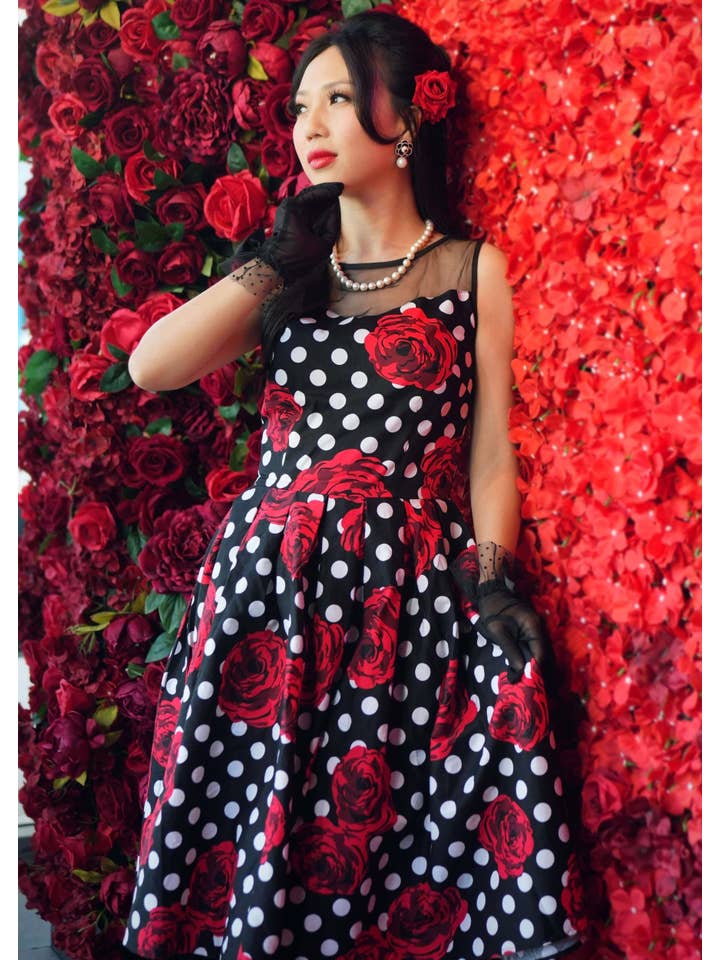 Dolly & Dotty - Wholesale Dress - Women's - Elizabeth Vintage Style Polka Roses Party Dress in Black-Red