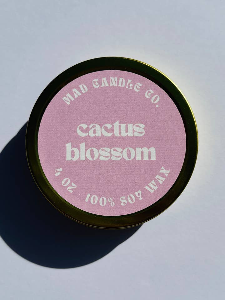 Cactus Blossom Soy Candle - 4 oz Gold Tin & Wood Wick for wholesale by Mad Candle Co.