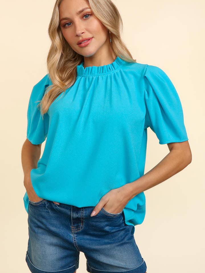 Promenade - Wholesale Blouse - Dames - Blauwe geplooide geweven top met knoopsluiting aan de achterkant1